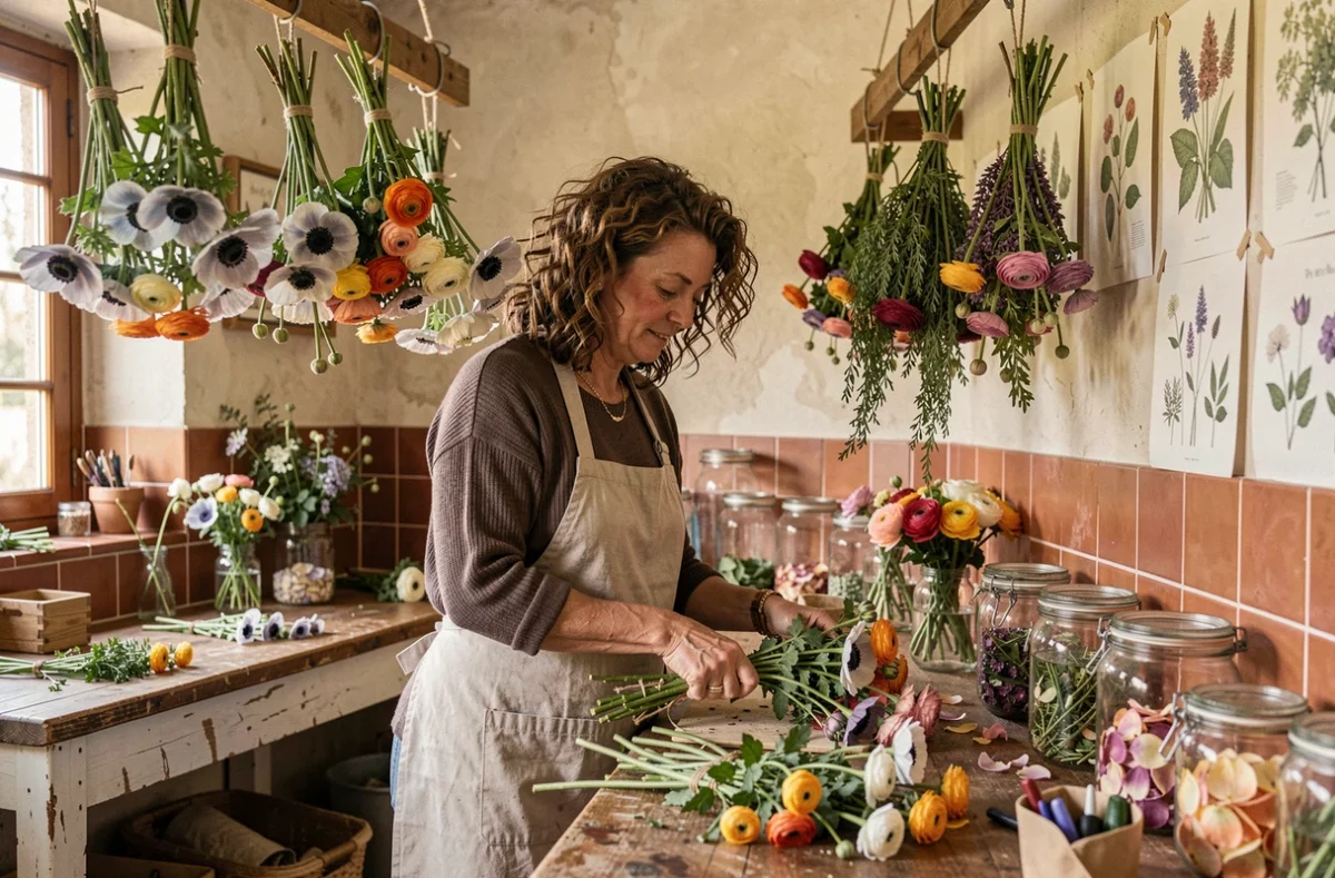 Artisane fleuriste composant un bouquet dans son atelier artisanal aux Mureaux