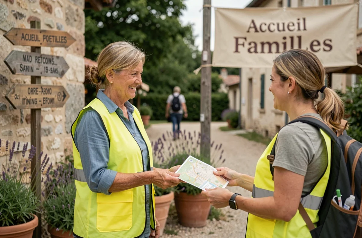 Stand d'accueil et de sécurité pour les familles à l'entrée du festival de Luynes avec bénévole et signalétique
