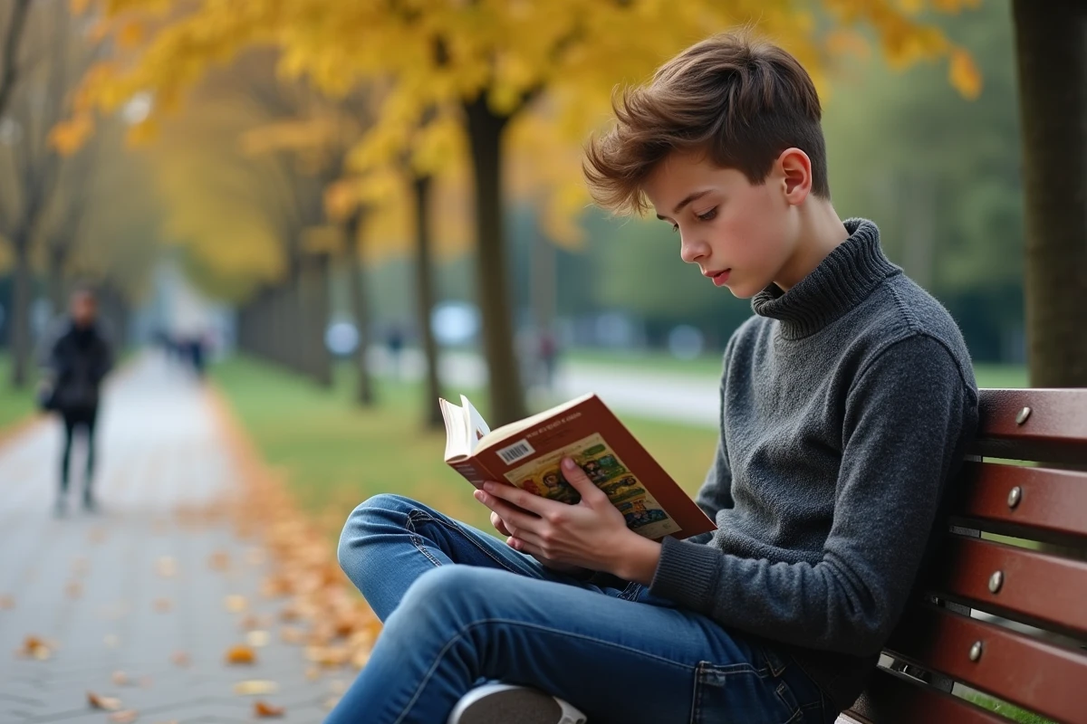 Adolescent lisant un manga dans un parc urbain en automne