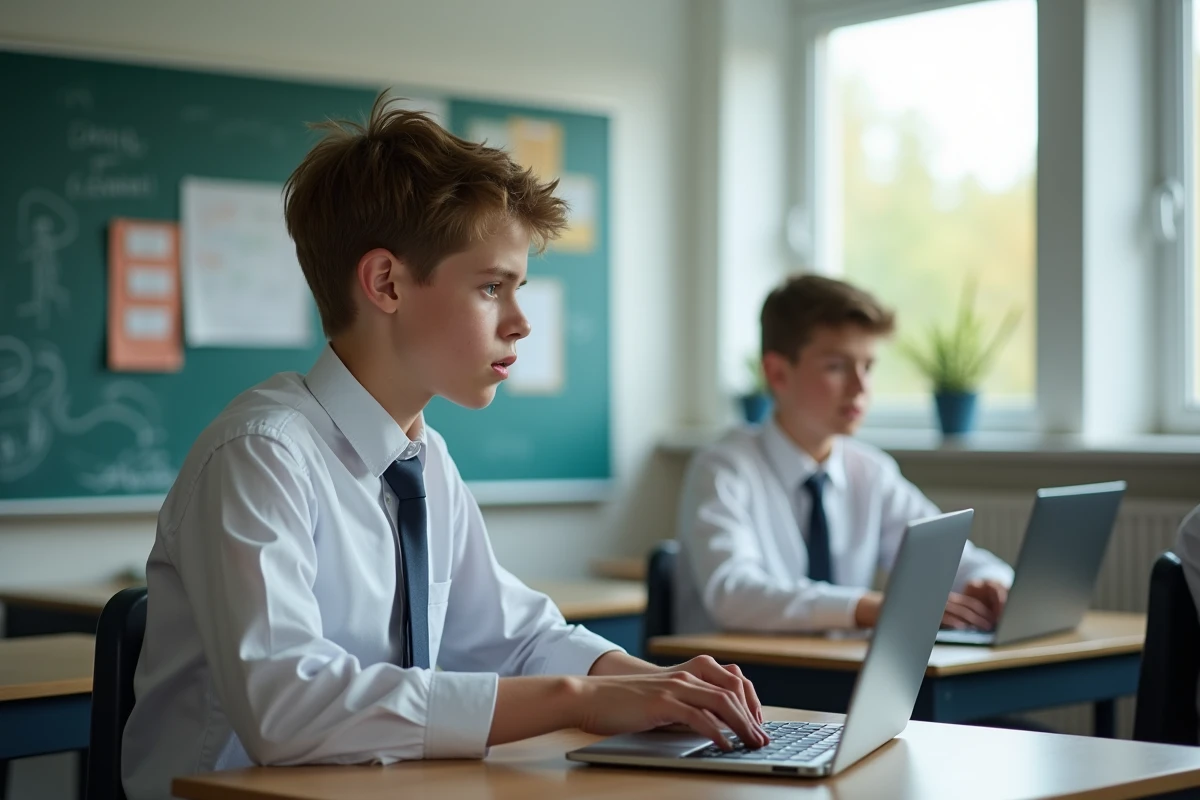 Adolescent français tapant un email dans une classe moderne