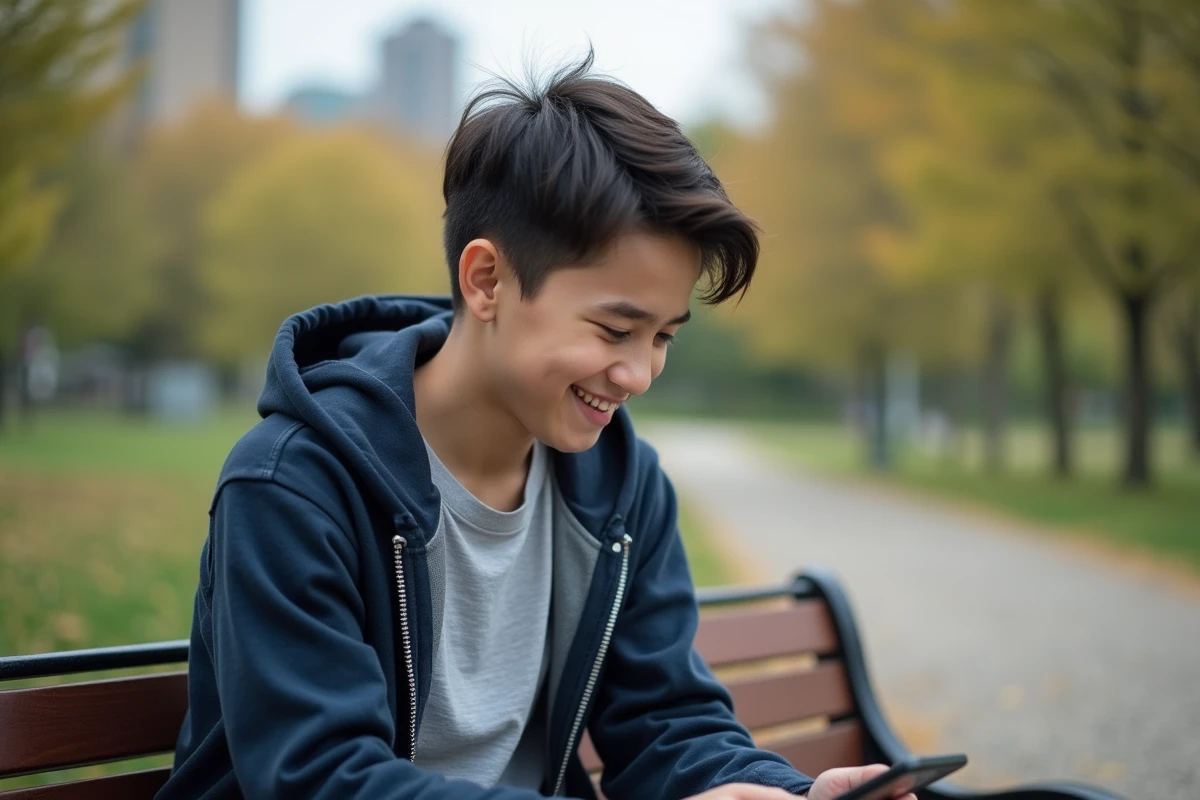 Adolescent souriant avec smartphone dans un parc urbain