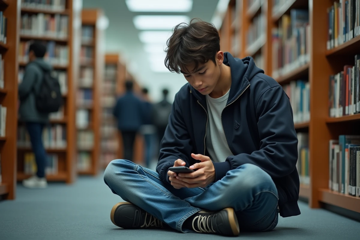 Adolescent assis sur le sol d'une bibliothèque publique recherchant des mangas sur son smartphone entouré d'étagères de livres