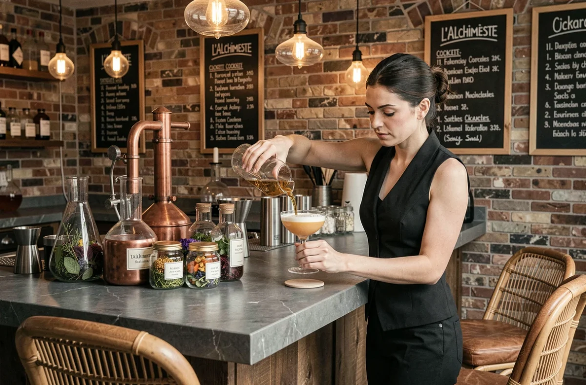 Intérieur de L'Alchimiste, bar à cocktails artisanaux en Bretagne avec décoration alchimique, flacons en verre et mixologue au travail