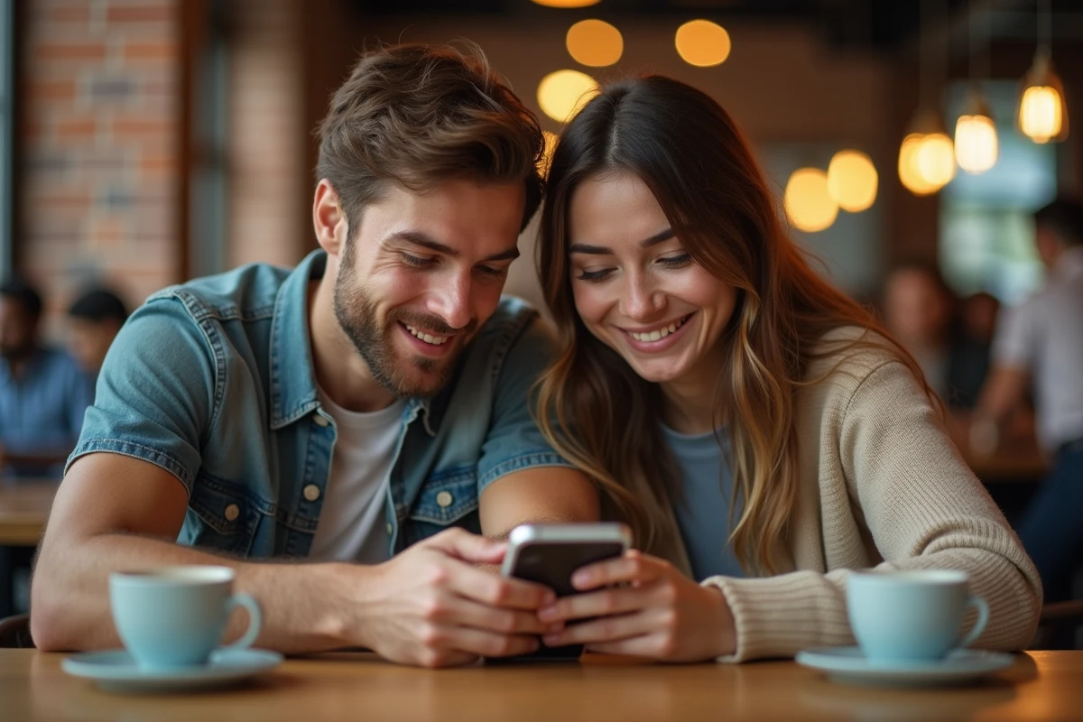 Deux amis comparant les gains d'un code Ninja Time dans un café, spins et gemmes affichés sur un téléphone