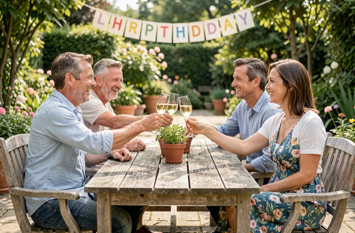 Groupe d'amis adultes trinquant au champagne lors d'une fête d'anniversaire en plein air