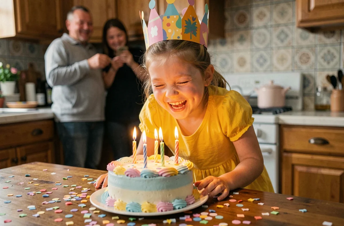 Petite fille joyeuse soufflant les bougies de son gâteau d'anniversaire avec une couronne en papier colorée