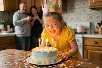 Petite fille joyeuse soufflant les bougies de son gâteau d'anniversaire avec une couronne en papier colorée