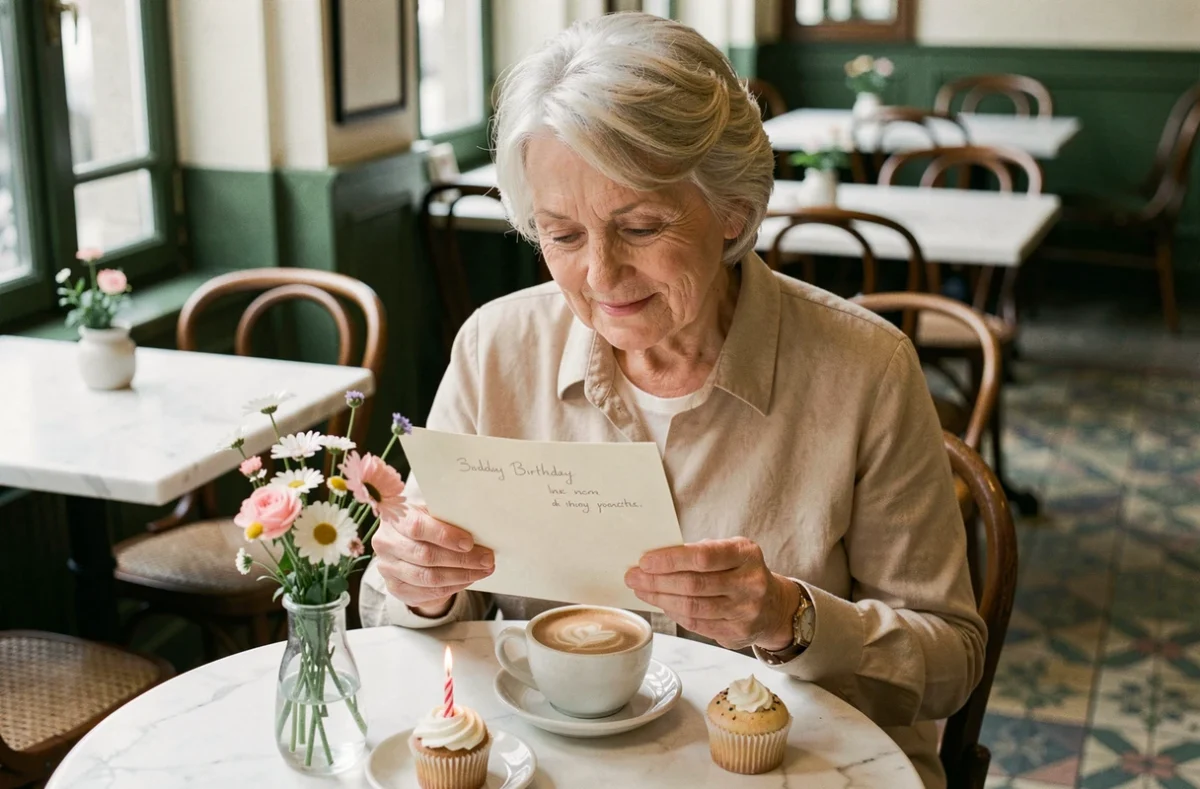Femme âgée élégante lisant une carte d'anniversaire manuscrite dans un café parisien