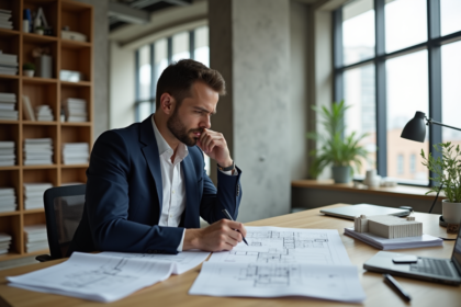 Architecte homme en costume bleu examine des plans dans un bureau lumineux
