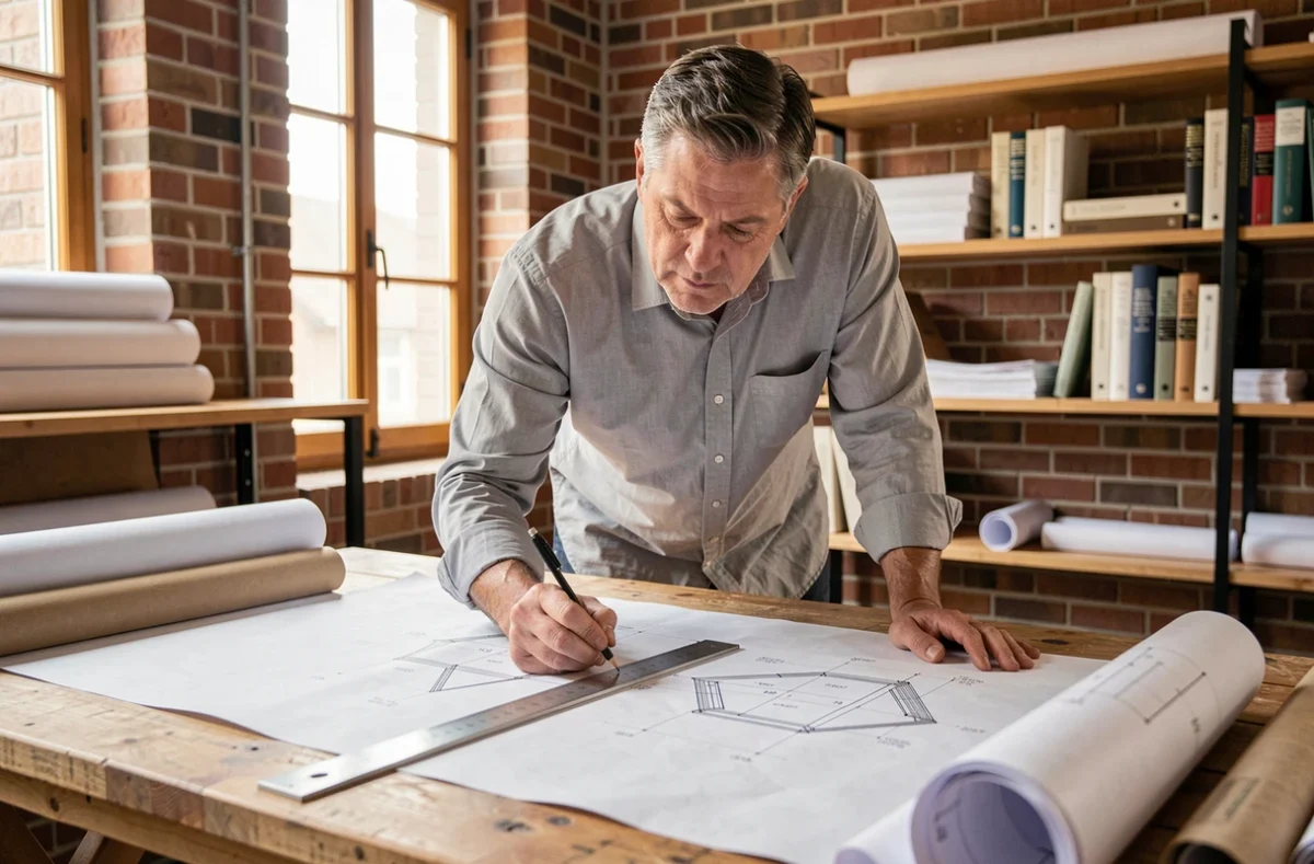Architecte calculant la pente d'une toiture sur des plans techniques avec une règle et un crayon dans un studio professionnel