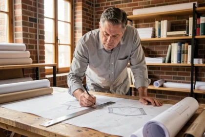 Architecte calculant la pente d'une toiture sur des plans techniques avec une règle et un crayon dans un studio professionnel