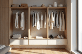 Armoire minimaliste avec vêtements neutres et chaussures lumineuses