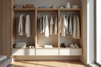 Armoire minimaliste avec vêtements neutres et chaussures lumineuses