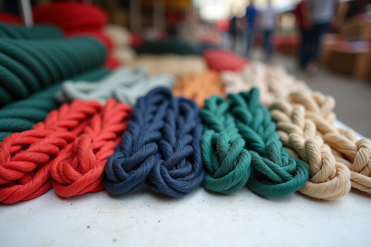 Assortiment de cordages tressés colorés disposés en flat-lay sur une surface en béton blanc