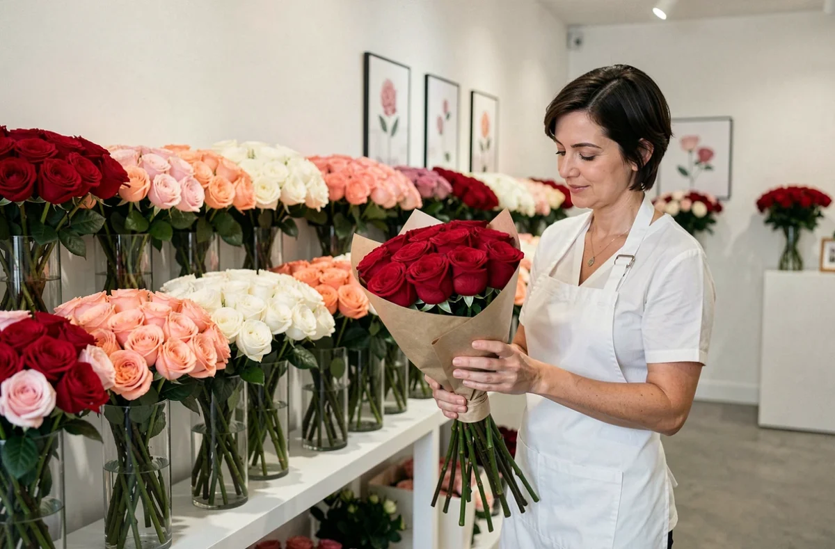 Fleuriste spécialiste de la rose enveloppant un bouquet de roses rouges à Versailles
