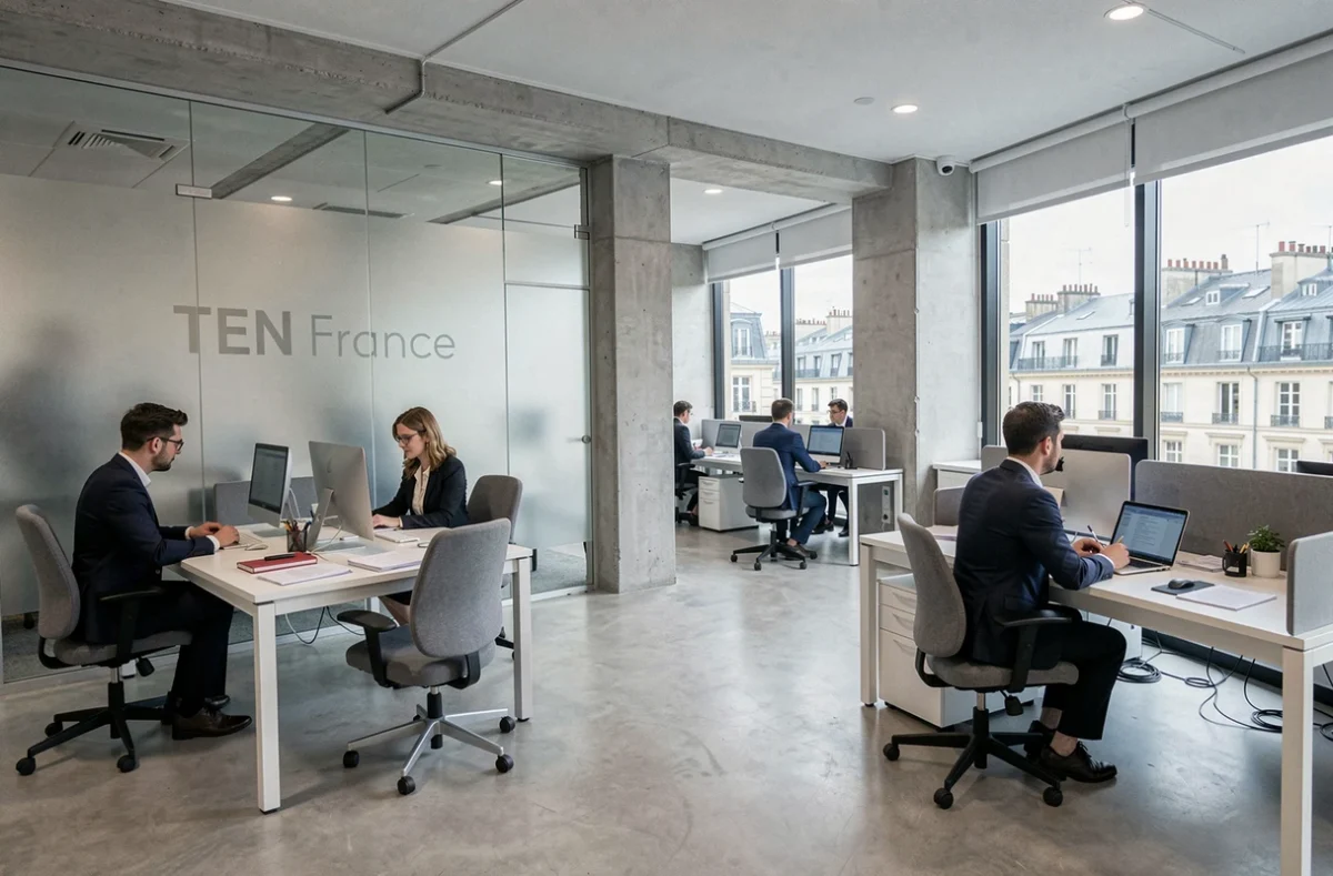Bureau moderne du cabinet Avocats TEN France à Poitiers avec espace de travail collaboratif et fenêtres panoramiques
