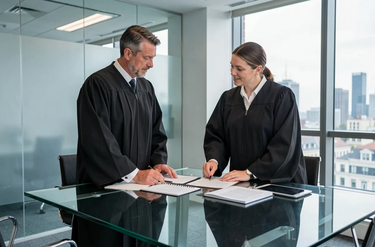 Deux avocats associés en robe noire discutant dans une salle de réunion moderne du cabinet Bacle Barroux Avocats à Poitiers