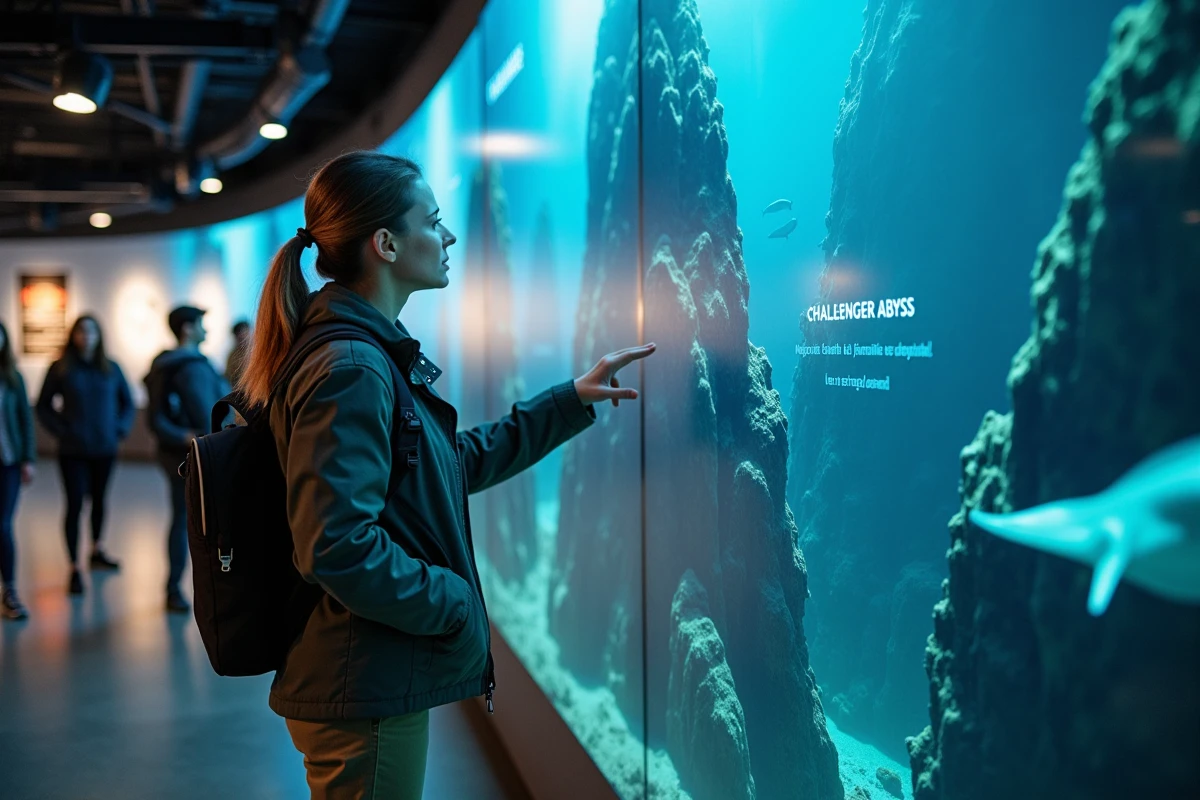 Biologiste marine devant une affiche des abysses océaniques