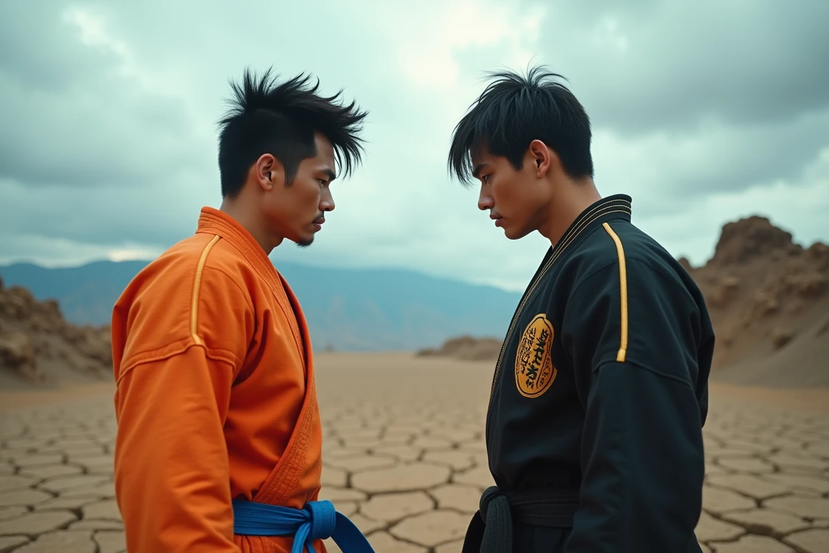 Deux guerriers en tenue de combat orange et noire face à face dans un paysage rocheux pour comparer Black Goku et Goku