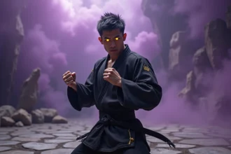 Guerrier en gi noir avec yeux dorés en posture de combat dans une arène dimensionnelle sombre pour illustrer Black Goku contre Goku
