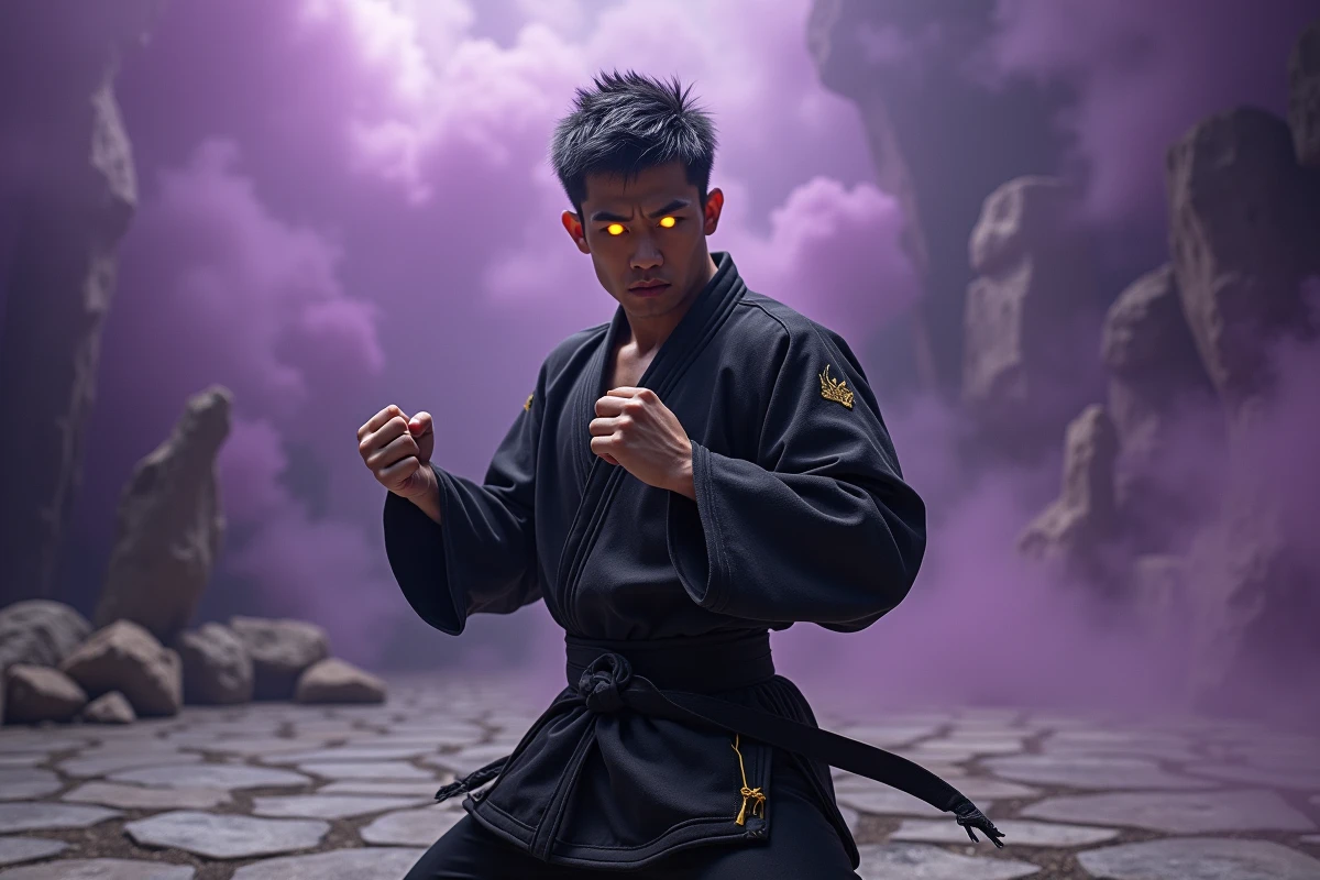 Guerrier en gi noir avec yeux dorés en posture de combat dans une arène dimensionnelle sombre pour illustrer Black Goku contre Goku