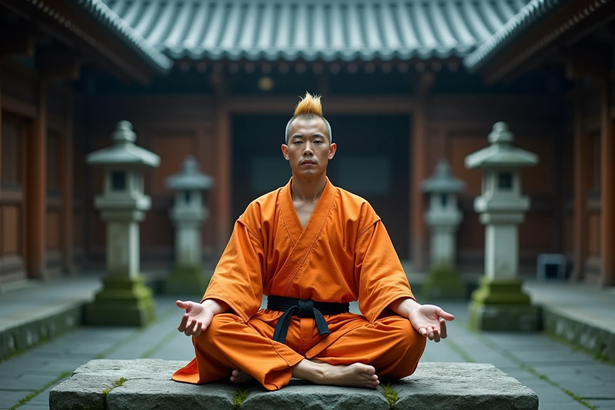 Guerrier en gi orange en méditation dans un temple japonais montagneux évoquant la puissance sereine de Goku