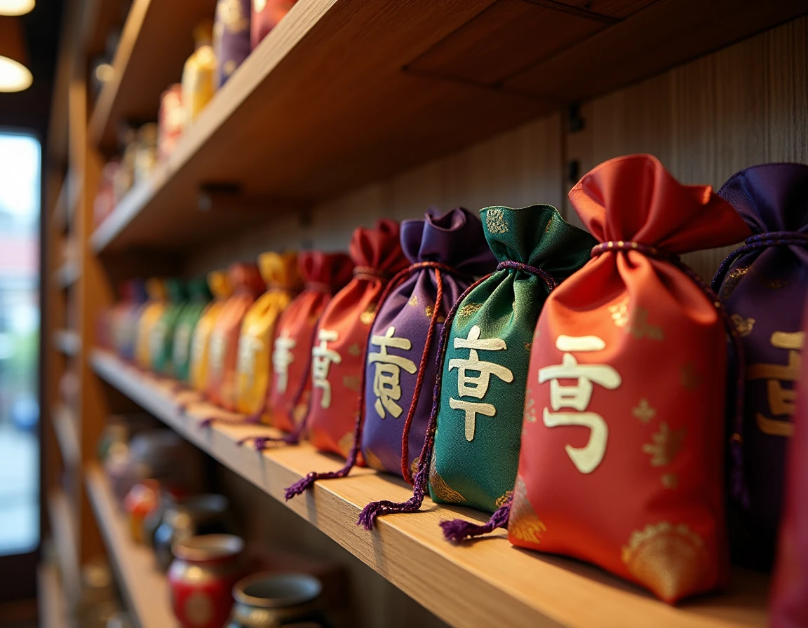 Étagère de boutique artisanale japonaise présentant des amulettes omamori en soie brodée de diverses couleurs et symboles kanji