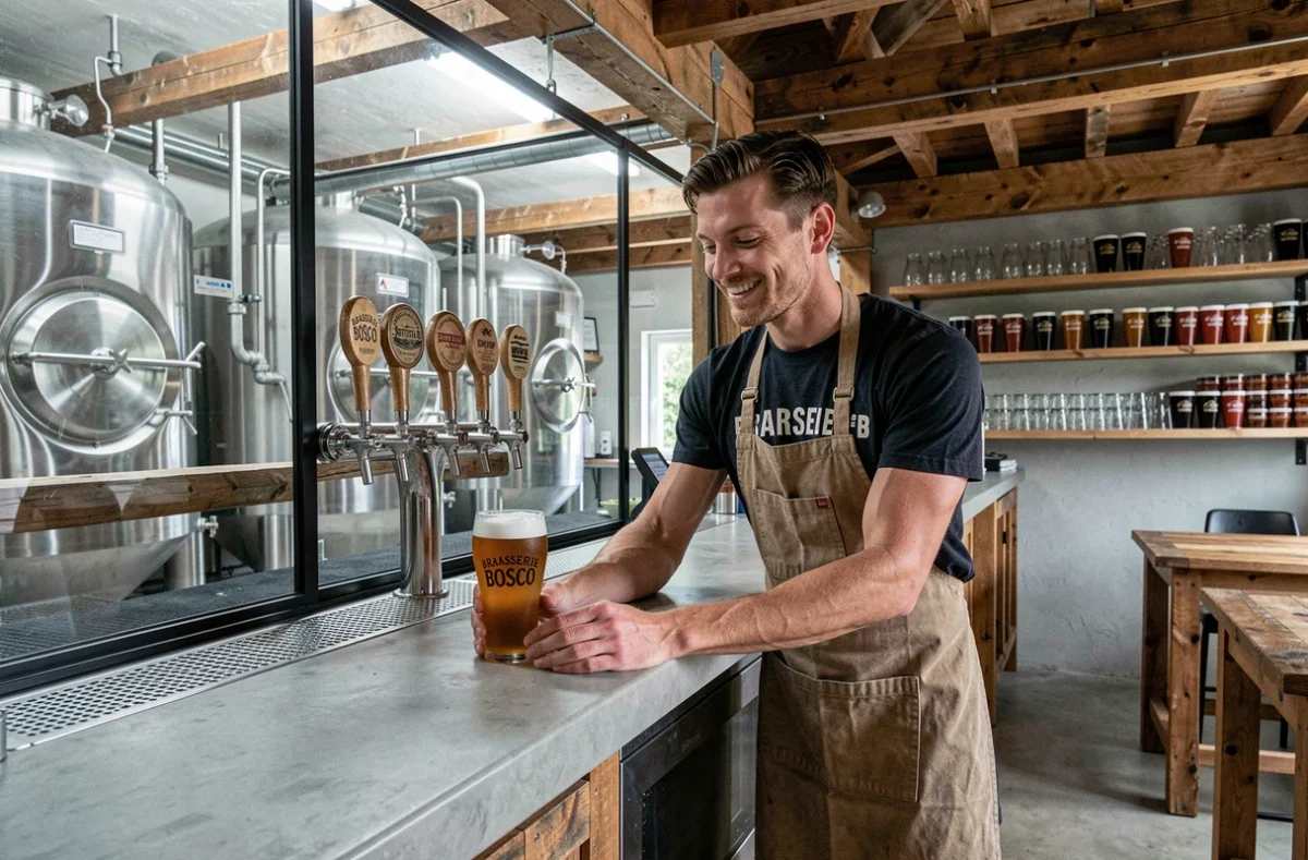 Intérieur de la Brasserie Bosco en Bretagne, bar brasserie artisanale avec cuves de fermentation visibles, robinets à bière et atmosphère industrielle chaleureuse
