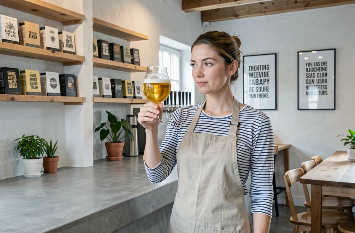 Intérieur de la Brasserie Poem en Bretagne, brasserie artisanale moderne avec décoration minimaliste, étiquettes poétiques et bière artisanale en dégustation