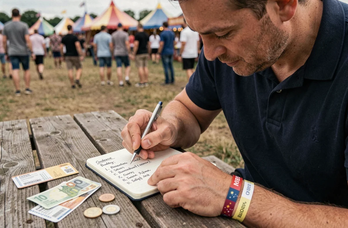 Planification du budget familial pour le festival de Luynes avec carnet de notes, billets et pièces sur une table en bois