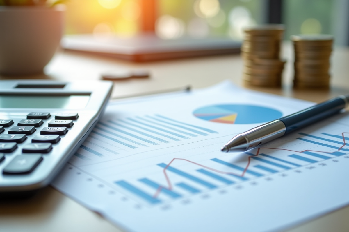 Bureau avec calculatrice et graphique pour analyse financière