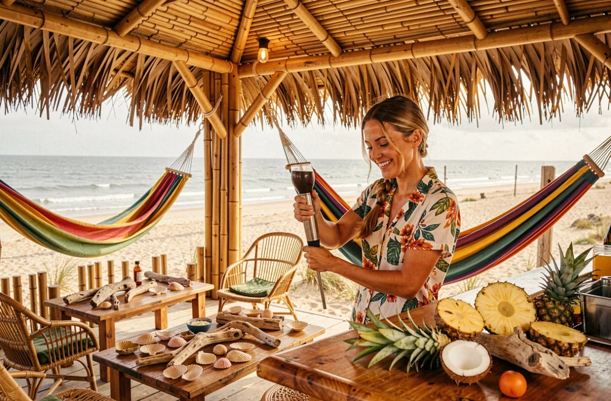 Intérieur de La Cabane Bambou's, bar tropical en Bretagne avec décoration en bambou, chaises en rotin et cocktails exotiques face à la plage atlantique