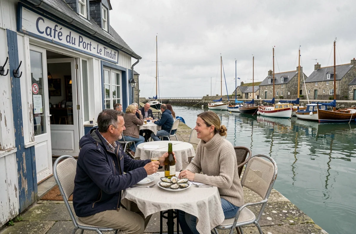 Terrasse du Café du Port - Le Tinduff en Bretagne, couple dégustant vin et huîtres sur le quai face à la marina avec bateaux colorés et ciel breton nuageux