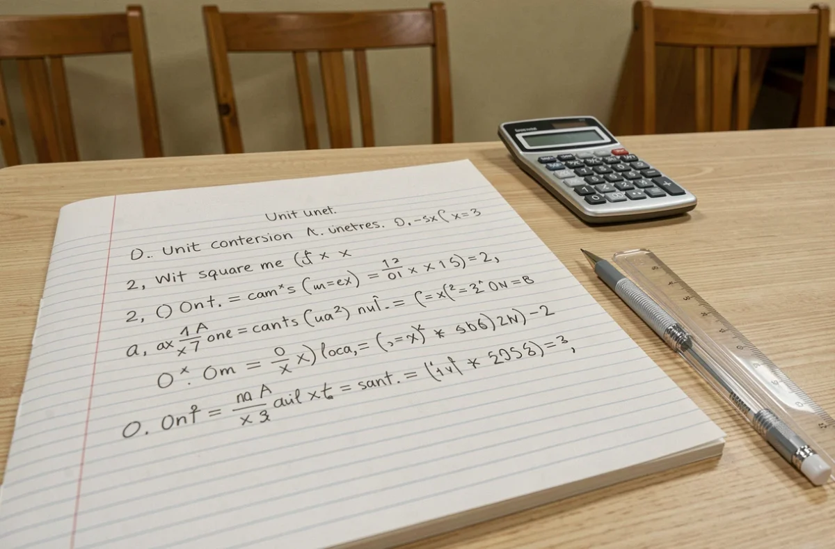 Vue en plongée d'un cahier de maths ouvert avec des formules de conversion mètres carrés en centimètres carrés, un crayon et une règle posés dessus