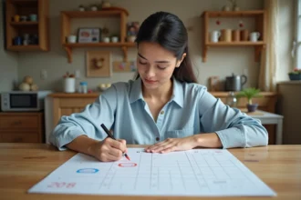 Mère organisant un calendrier 2026 semaines paires et impaires pour une garde alternée à la maison