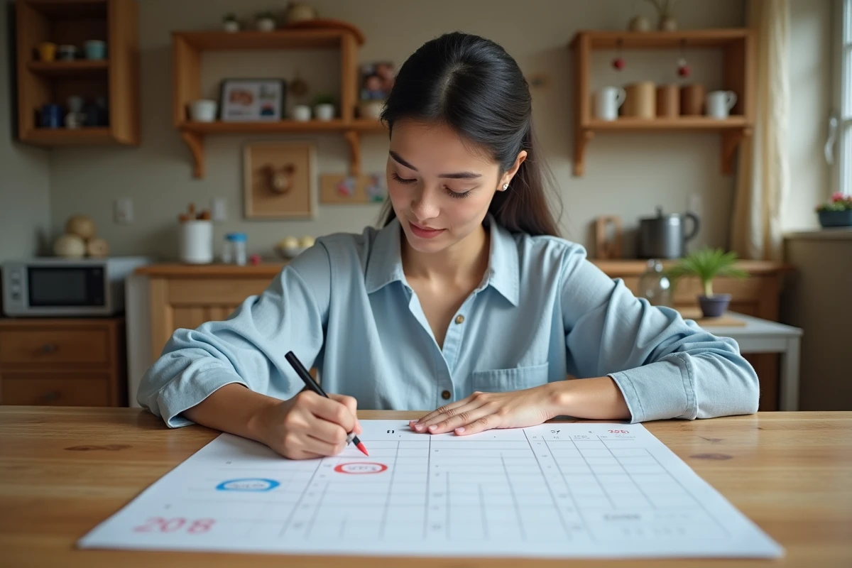 Mère organisant un calendrier 2026 semaines paires et impaires pour une garde alternée à la maison
