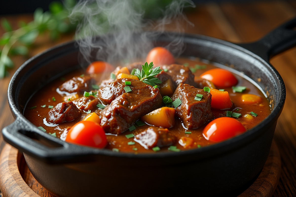 Gros plan sur la carbonnade flamande dans une cocotte en fonte