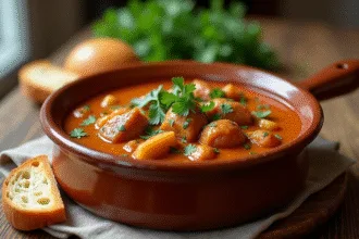 Ragoût de carbonnade flamande dans un bol en céramique rustique
