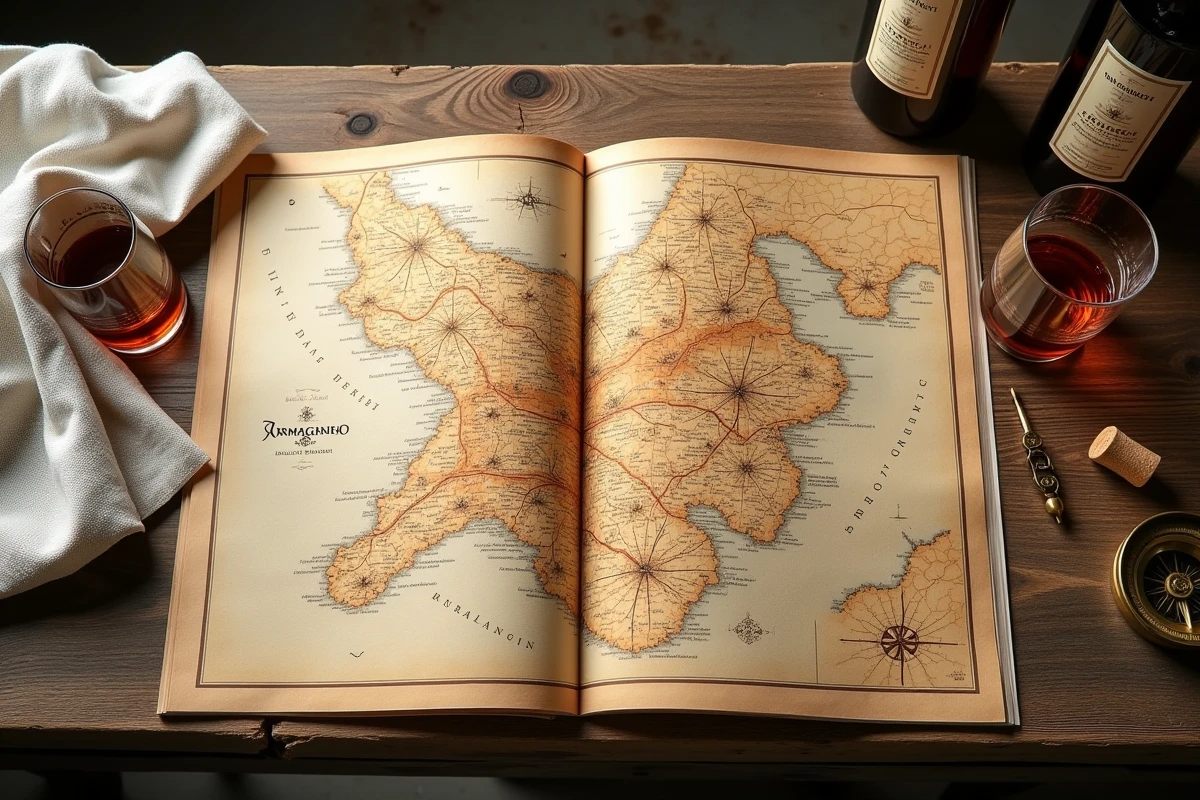 Carte vintage de l'Armagnac dépliée sur une table en chêne avec verre de dégustation et boussole ancienne
