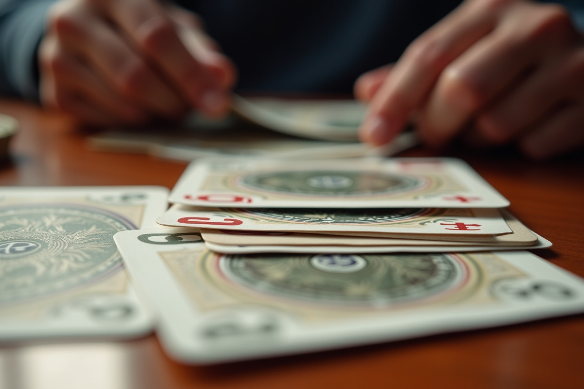 Cartes Mille Bornes étalées sur une table en bois poli