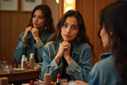 Chanteuse française tunisienne en backstage ajustant son foulard