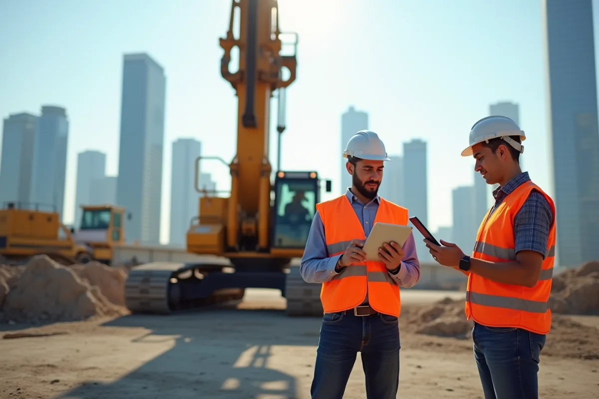 Chantier moderne avec ingénieurs et machinerie innovante