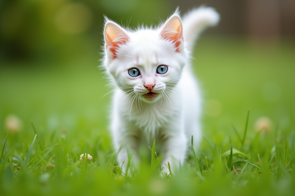 Chaton blanc aux yeux bleus dans un jardin vert