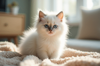 Chaton blanc aux yeux bleus dans un salon ensoleille