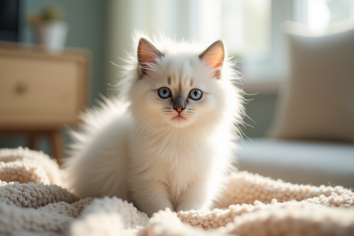 Chaton blanc aux yeux bleus dans un salon ensoleille