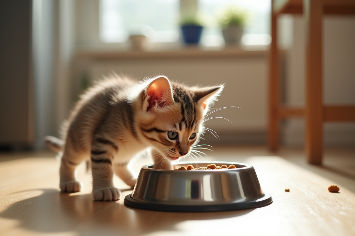 Petit chaton mangeant dans un bol en inox sur un sol en bois