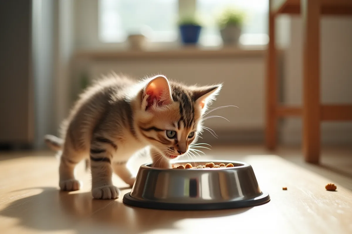 Petit chaton mangeant dans un bol en inox sur un sol en bois