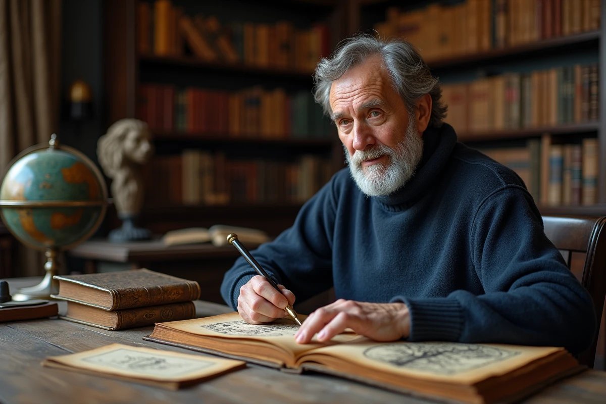 Chercheur en mythologie nordique consultant d'anciens manuscrits illustrés représentant l'arbre Yggdrasil dans un bureau universitaire
