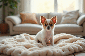 Petit chiot chihuahua sur une couverture dans un salon lumineux