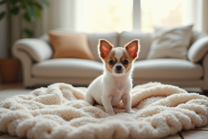 Petit chiot chihuahua sur une couverture dans un salon lumineux